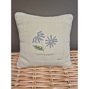 Vintage September Birth Flower Cross Stitch Pillow Aster Morning Glory 8x8 Decor